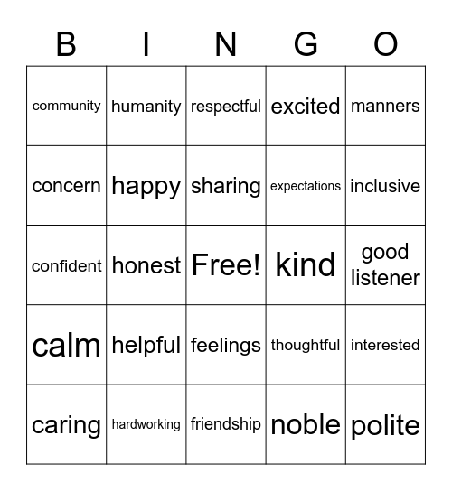 Social Skills Bingo Card