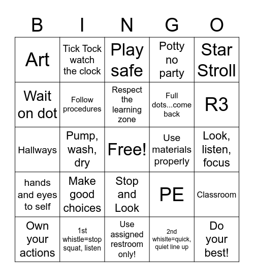 Classroom,Hallway. LG group,Restroom and Playground Bingo Card