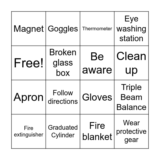 Lab Safety BINGO Card
