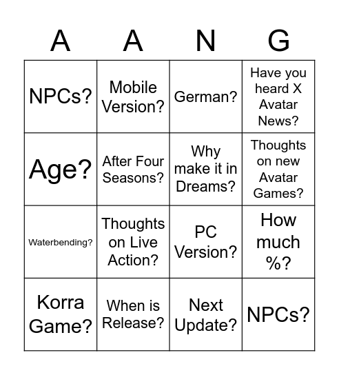 Stream Questions Bingo Card