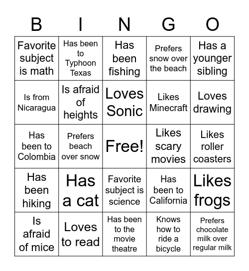 More Get to Know You Bingo Card