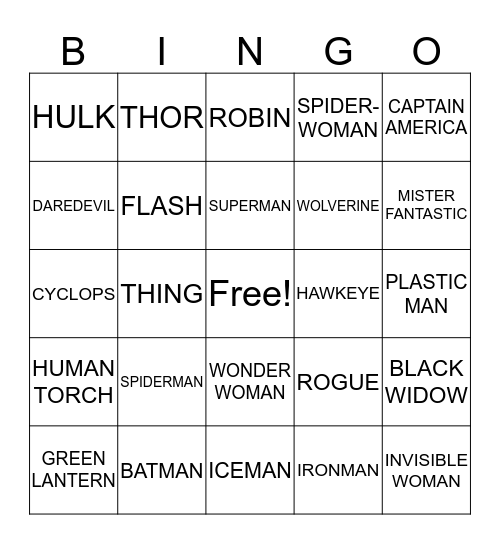 SUPERHERO BINGO Card