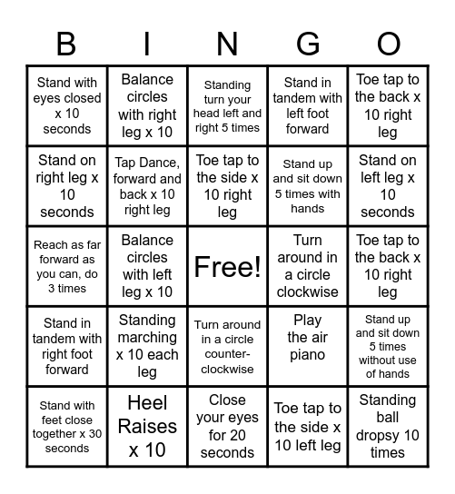 Balance Exercise Bingo Card