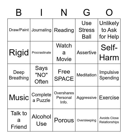 Mental Health Bingo Card