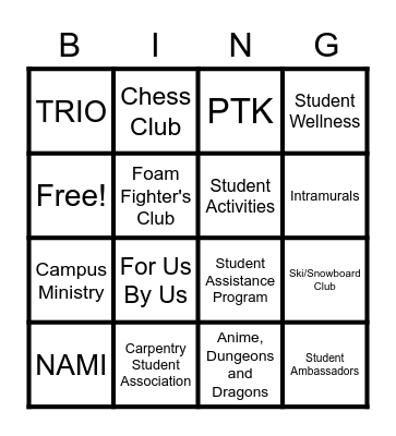 NIACC Club Fair Bingo Card