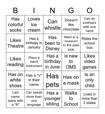 Middle School BINGO: Find someone who... Bingo Card