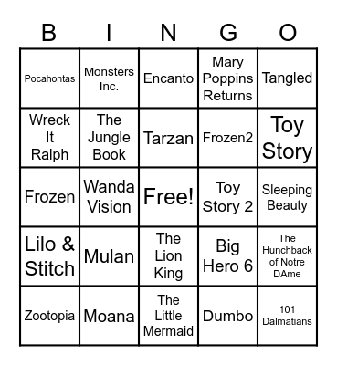 Disney Movie Song Bingo Card