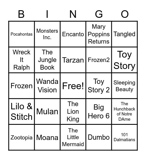 Disney Movie Song Bingo Card