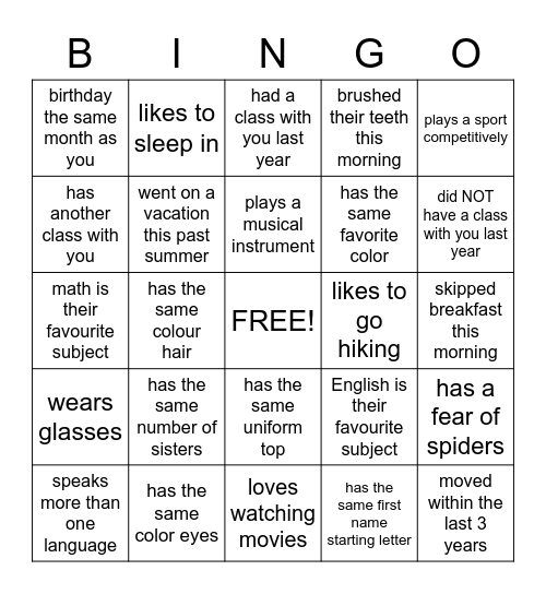 Classmate BINGO Card