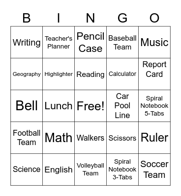 Back to School 2 Bingo Card