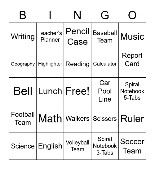 Back to School 2 Bingo Card