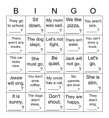 Tag Questions Bingo Card