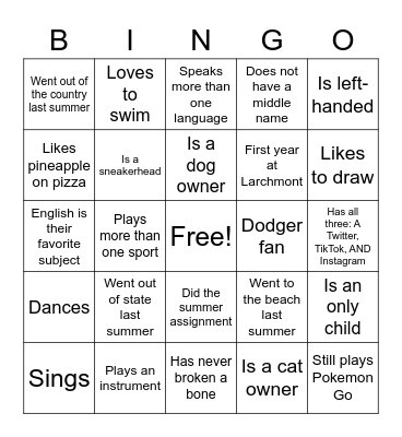 Back to school Bingo Card