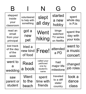 Summer Vacation: Teacher Edition Bingo Card