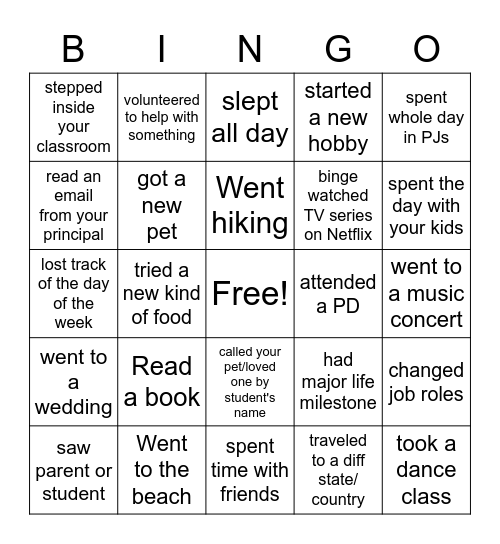 Summer Vacation: Teacher Edition Bingo Card