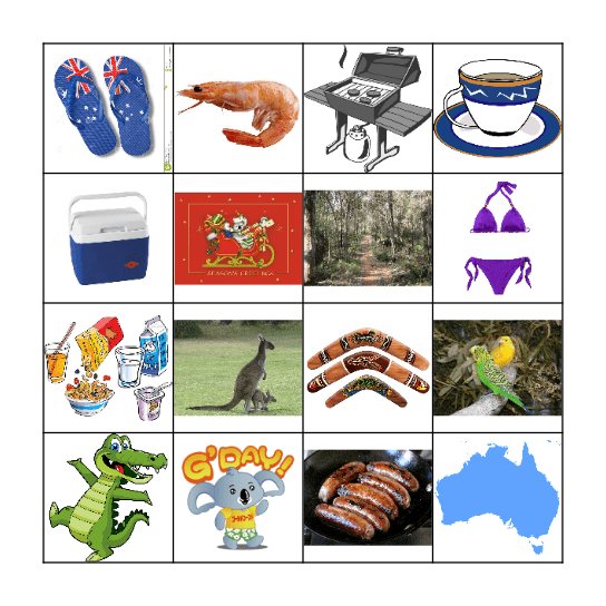 Australian English Bingo Card