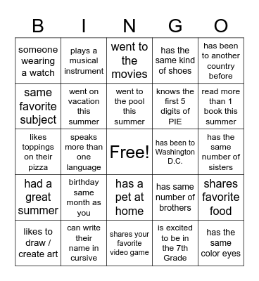 Classmate Bingo Card