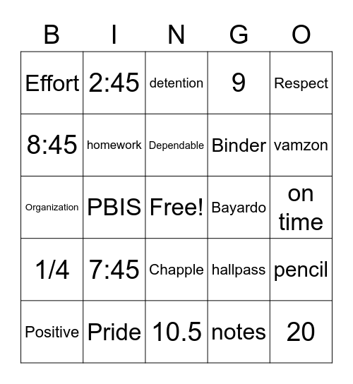 7th Grade Success Bingo Card