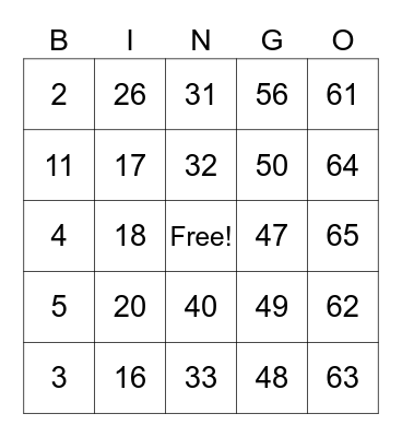 Number Bingo Card