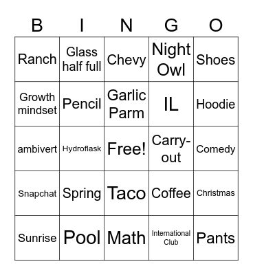 Personality Bingo Card
