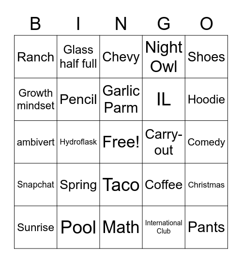 Personality Bingo Card