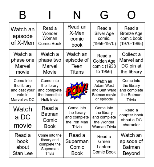 Comic Book Bingo Card