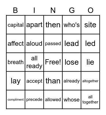 COMMONLY CONFUSED WORDS BINGO Card