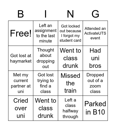 UTS Bingo Card
