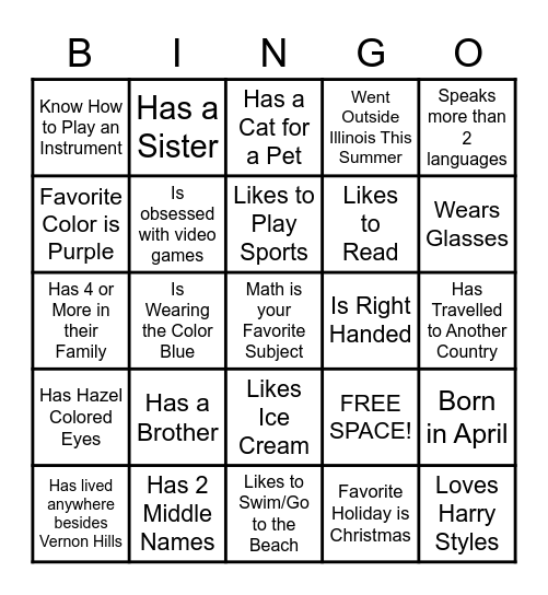 "Get to Know Me" Concert Choir Bingo Card