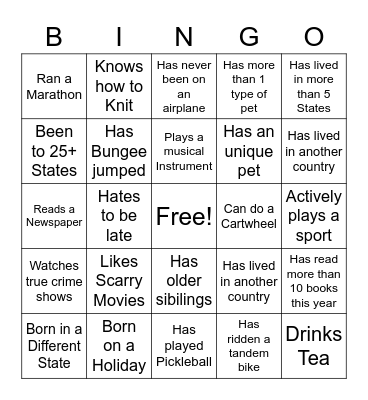 Get to know you Bingo Card