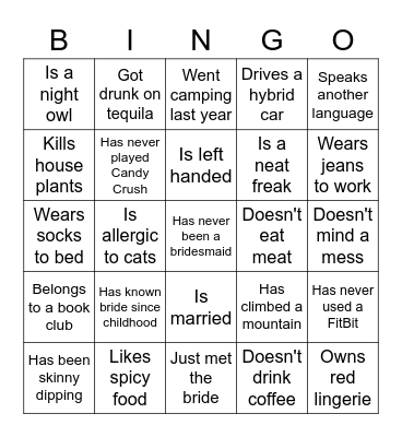 Bachelorette Icebreaker Bingo Card