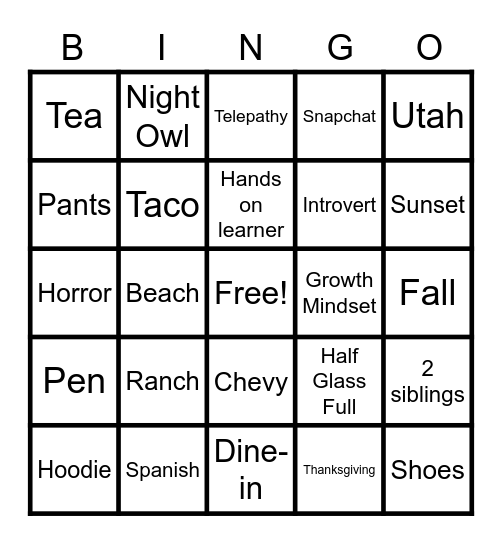 Personality Bingo Card