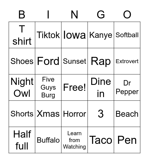 Anna Bingo Card