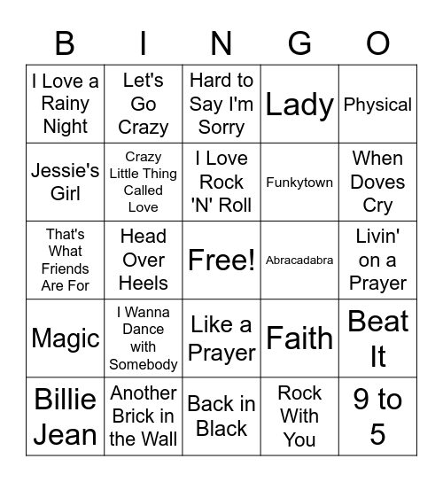 Music Bingo: 1980's Pop / Rock Bingo Card