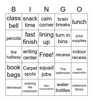 Classroom Procedure Bingo! Bingo Card