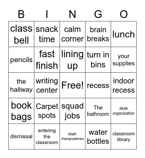 Classroom Procedure Bingo! Bingo Card