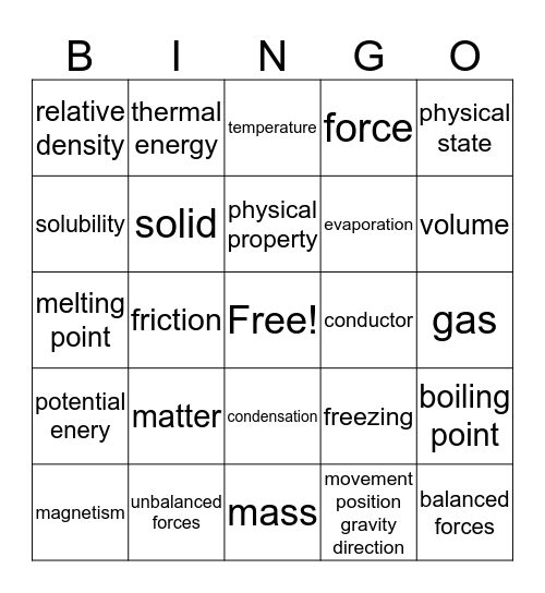 Physical Science Bingo Card