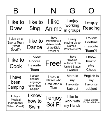 Getting To Know you Bingo Card