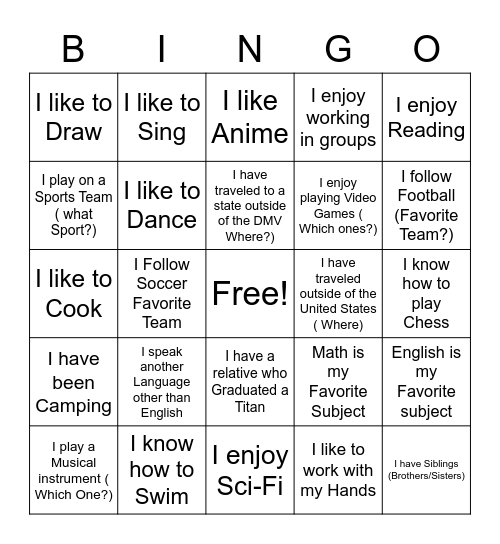 Getting To Know you Bingo Card