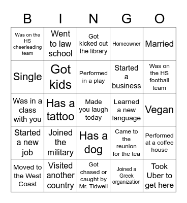 BHS 2012 Reunion Bingo Card