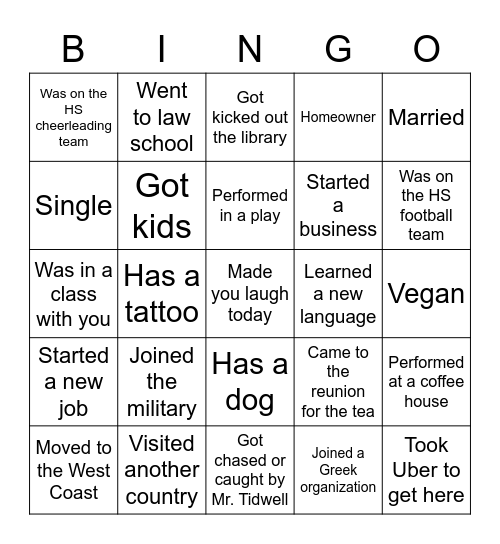 BHS 2012 Reunion Bingo Card