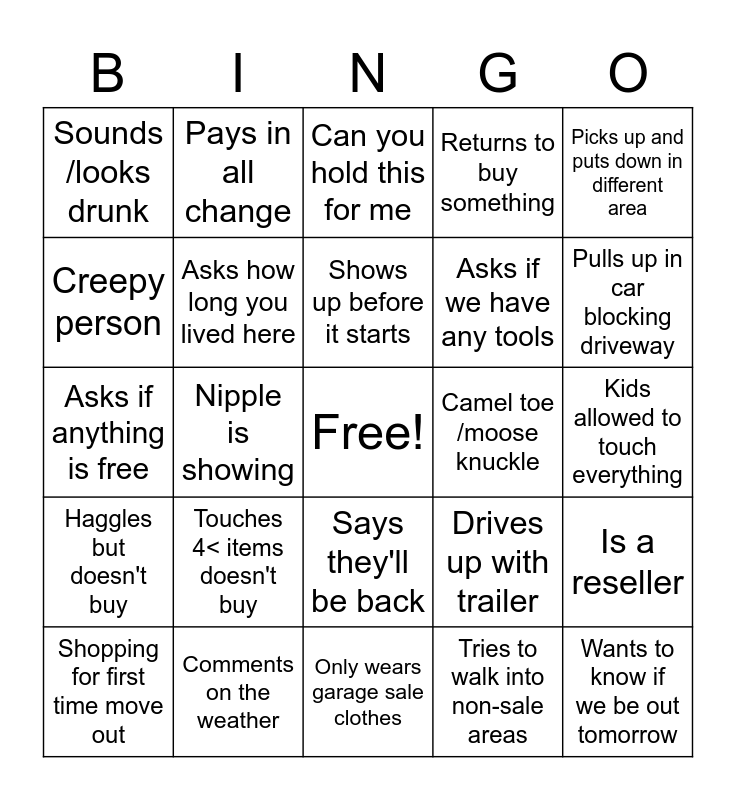 Garage Sale BINGO Card