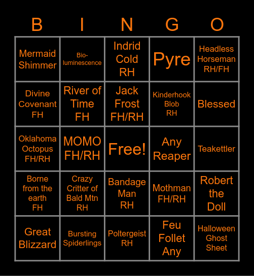 Nightfall Bingo Card