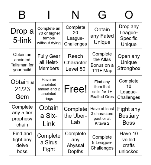 Path Of Exile Bingo Card