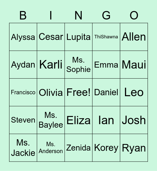 Room 101 Bingo Card