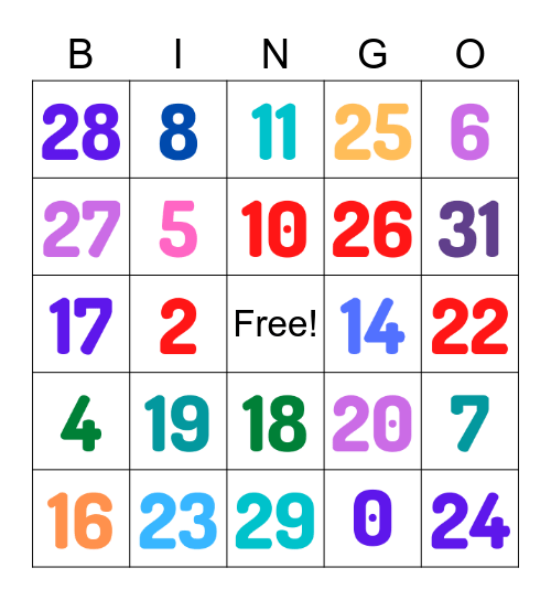 Bingo de números (0 al 31) Bingo Card