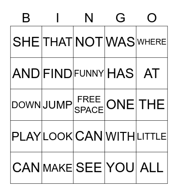 Site Word Bingo Card