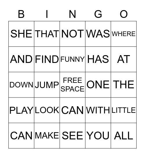 Site Word Bingo Card