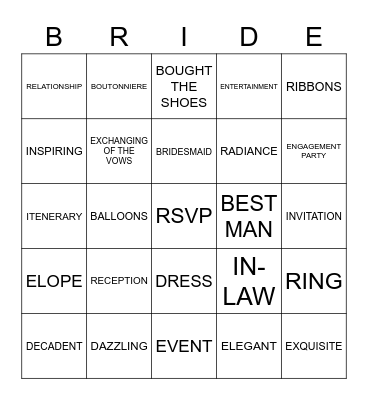 Sarah's BRIDE Bingo Card