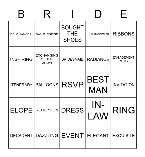 Sarah's BRIDE Bingo Card